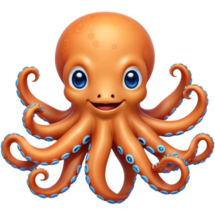 Cinematic Cute smiling Octopus Portrait Emoji, Head tilted playfully and inquisitively, featuring a rounded, light orange body embellished with playful blue rings, eight adorably curling arms, and big, twinkling eyes full of wonder, Simplified yet irresistibly adorable features, highly detailed, glowing with a warm, inviting underwater glow, high shine, affectionate and lively, stylized with a touch of whimsical cartoon charm, soft glowing outline, capturing the essence of a mischievous yet loving octopus that seems as if it could bob out of the screen into your arms! emoji