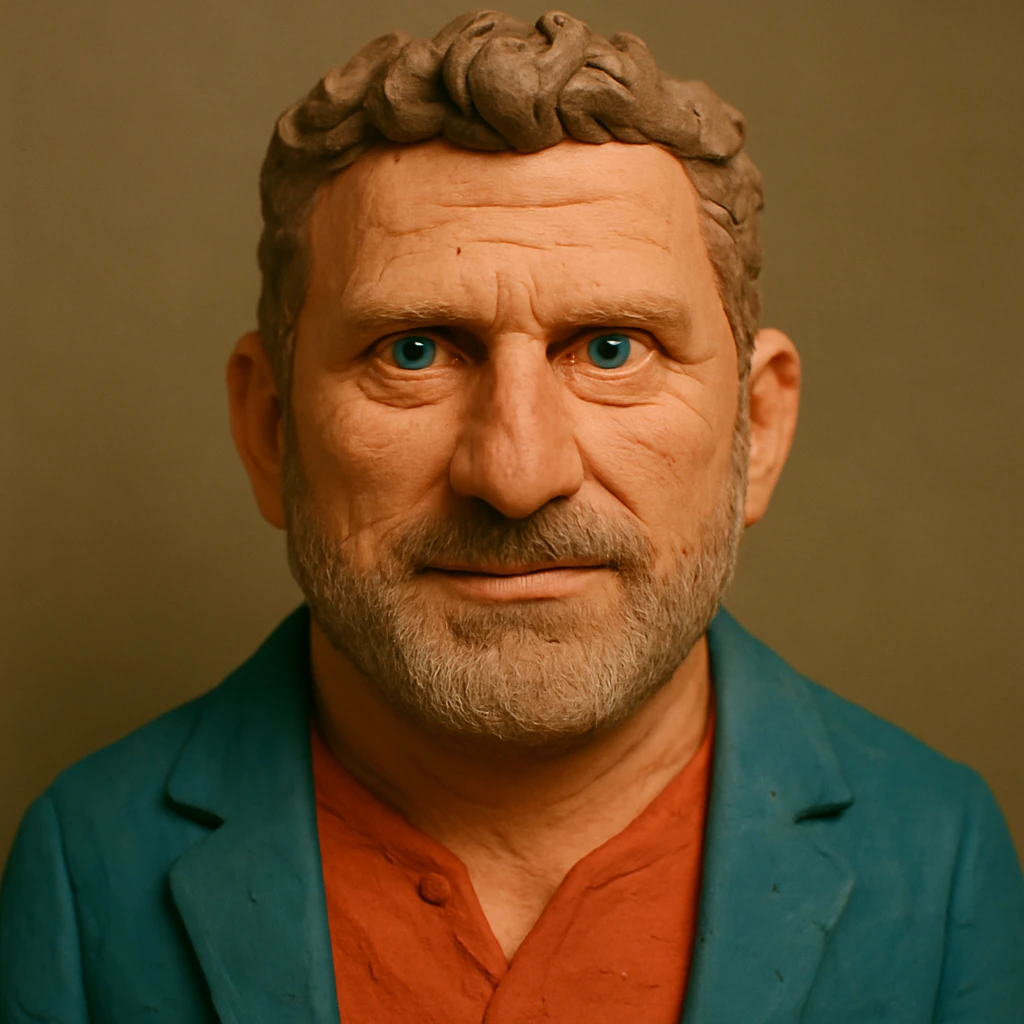 Create a claymation portrait that blends the facial features and expression of the person in the photo with the style and facial proportions of the Gerard Butler-inspired claymation art, featuring a narrower face and slightly larger forehead, using an alternate color palette. emoji