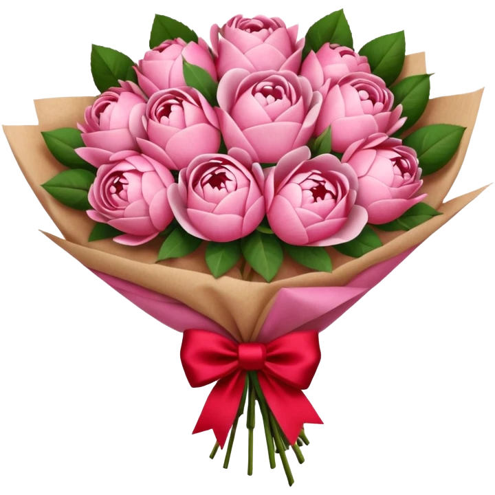 Bouquet of pink flower like rose and peony wrapped in kraft paper with red bow emoji