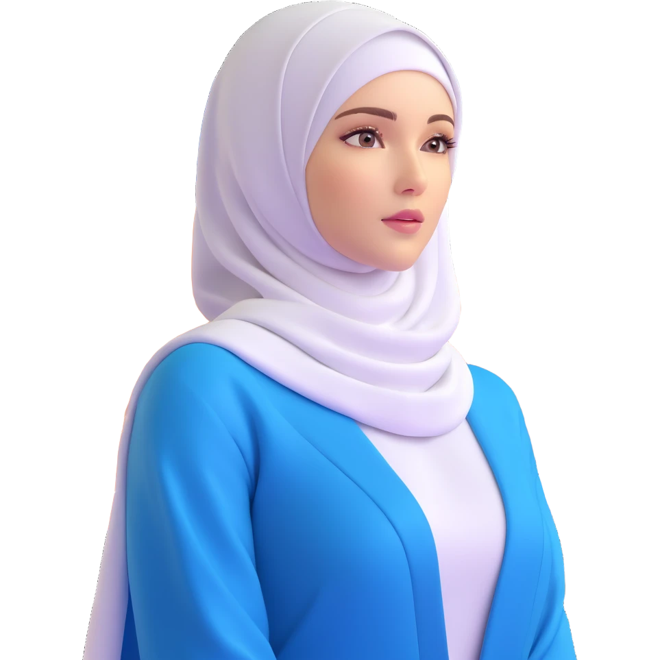 woman with white hijab wearing blue outfit, looking forward, surrounded by floating futuristic screens showing advanced holographic interfaces, AI visualizations, quantum data patterns, circuit networks, high-tech metaverse elements emoji