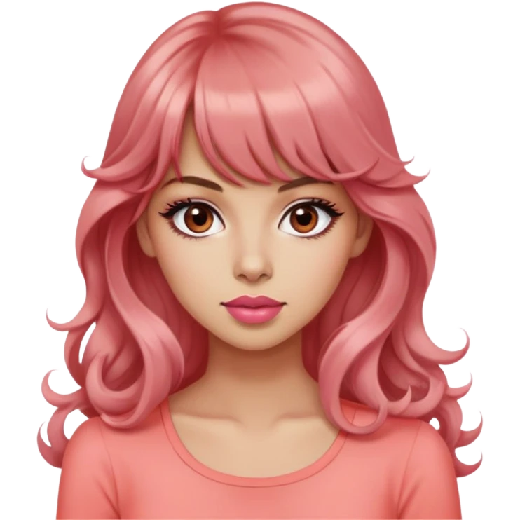 cute woman, diva, popular girl, rolling eyes, light tan skin, black eyes, very long wavy auburn hair, bangs, pink top, coral lipstick emoji