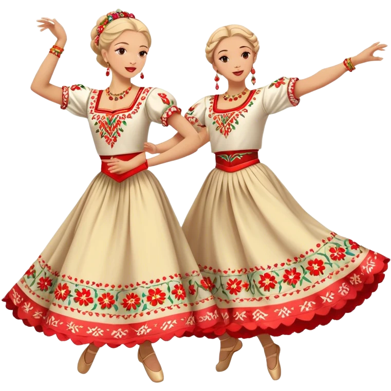 Cinematic Realistic scene of two dancers performing the Mazurka, dressed in vibrant traditional Polish costumes with intricate embroidery and flowing skirts, captured in graceful motion with warm, festive lighting emoji