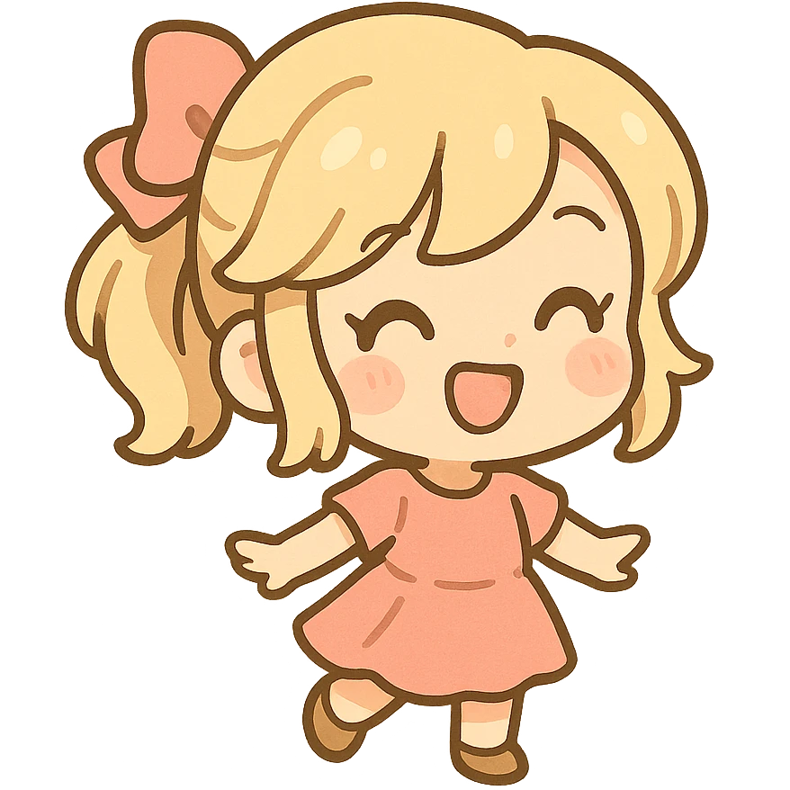 young blond girl, pink bow at the back, facing forward, playful vibe, cartoon style, cute emoji