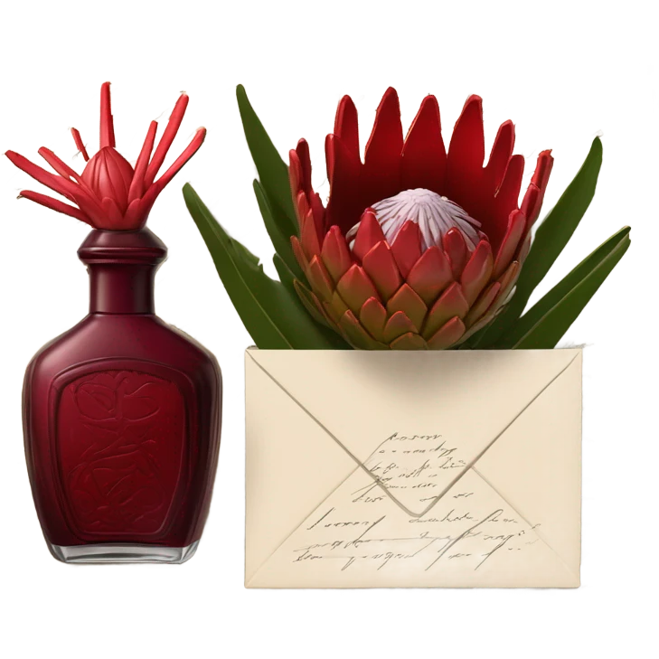 Dark red captivating perfume bottle with red proteas and a handwritten love letter emoji