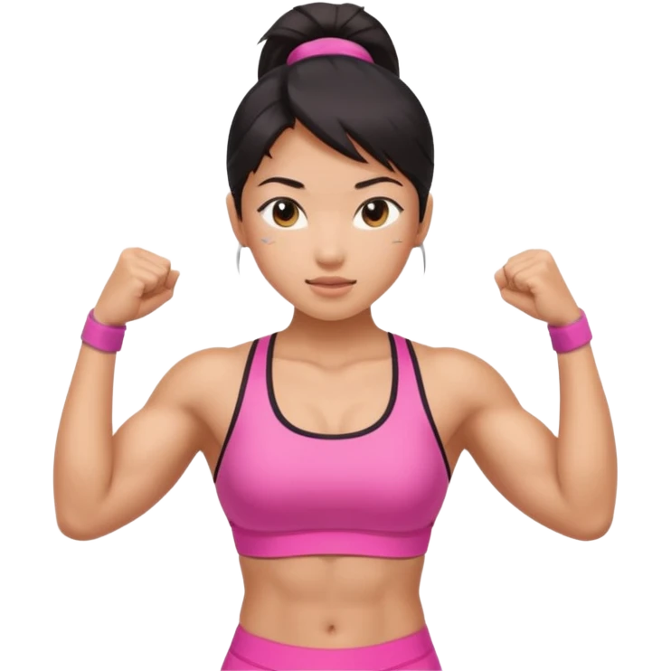 Athletic Asian girl show biceps wearing pink emoji