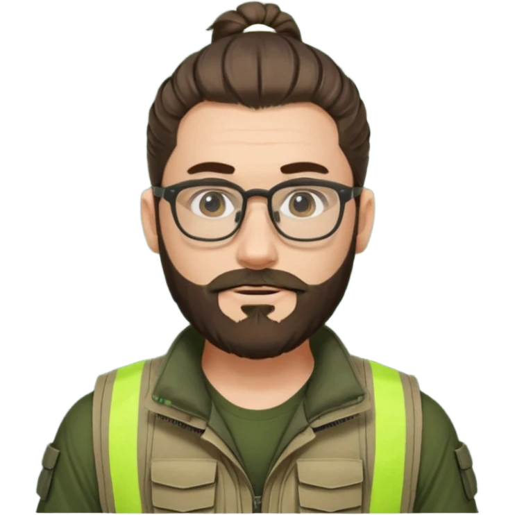 man with glasses, beard, man bun hairstyle, tactical vest emoji