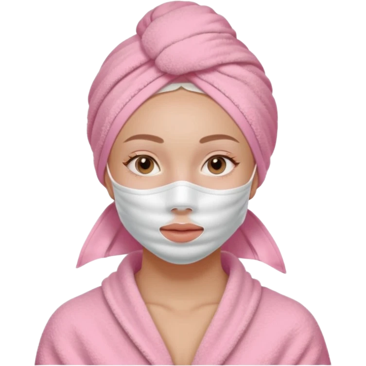 Clean girl influencer character, chest-up portrait, wearing a pink towel wrapped around the head, full face facial skincare mask on face, relaxed confident expression, soft glow skin, minimal chic aesthetic, subtle beauty accessories, calm self-care vibe emoji