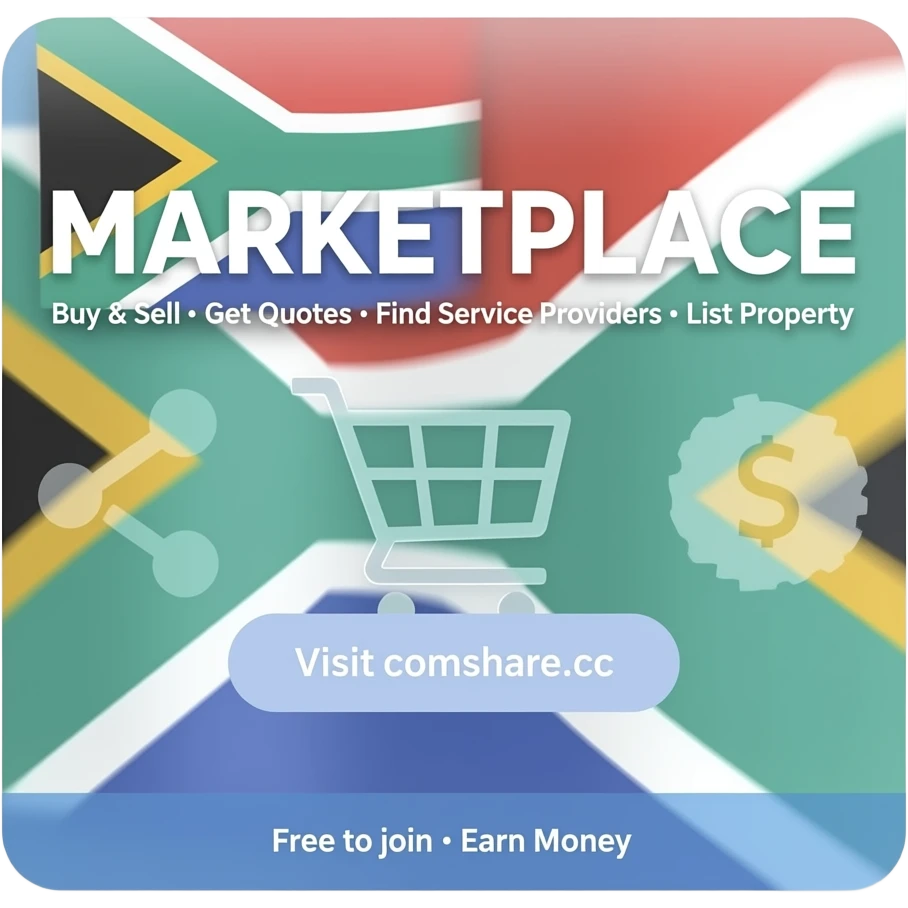 Main heading: "MARKETPLACE" Subtext: "Buy & Sell • Get Quotes • Find Service Providers • List Property" Call to action: "Visit comshare.cc" Bottom text: "Free to join • Earn Money"  Style: Modern, clean, professional. South African themed.   Include subtle icons for shopping, sharing, money. emoji