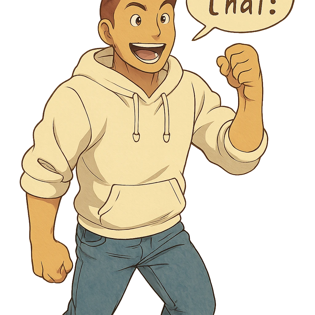 1 male, mid fade haircut dark chestnut brown hair, lighter tan skin, white athletic hoodie sleeves up, faded fashion jeans, red fashion-sneakers shoes, pose from my hero academia:  A portrait showing him saying : "I love that!" emoji