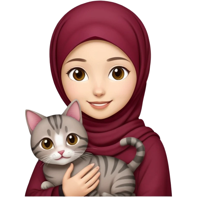Asian white girl wearing maroon hijab holding a black grey tabby cat with smiling emoji