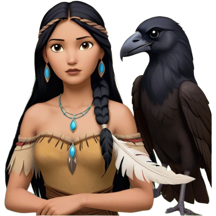 Cinematic Realistic Pocahontas Portrait, depicted with lifelike skin texture, soft natural lighting, and intricately detailed long, flowing raven-black hair that moves gracefully in the wind. Her deep, soulful dark brown eyes exude wisdom and strength, complemented by a serene yet powerful expression. She is shown gently holding a feather in one hand, her other hand resting lightly at her side, embodying the harmonious balance between nature and herself. She is dressed in her classic one-shoulder native American dress, with rich fabric textures and delicate beaded details that catch the light beautifully. The portrait features a soft, sun-kissed glow with a natural, radiant finish, capturing the essence of untamed beauty and deep connection to nature in a realistic and painterly style, evoking a sense of depth and authenticity. emoji