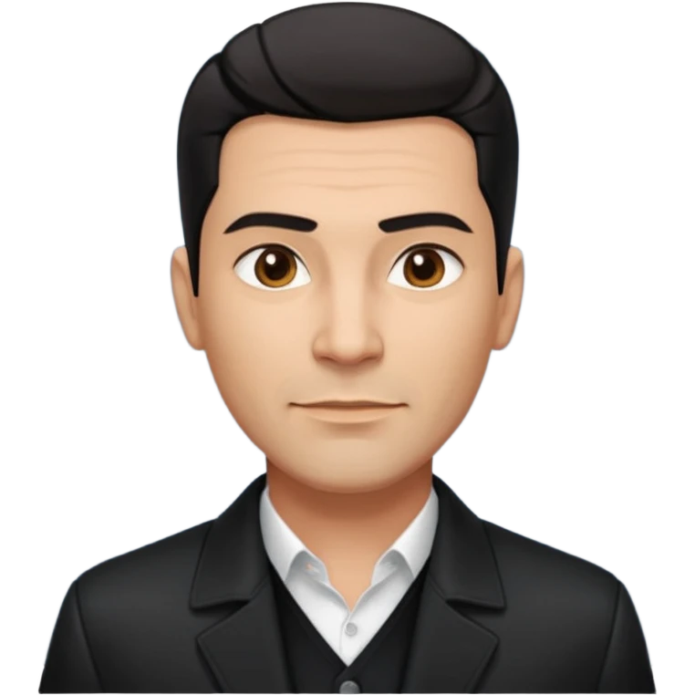 Attractive Hispanic TV host in his mid to late 40s with light brown skin, short straight black hair slicked back with fade on sides, square handsome face with strong jawline, friendly approachable expression, wearing open black jacket revealing white buttoned shirt underneath emoji