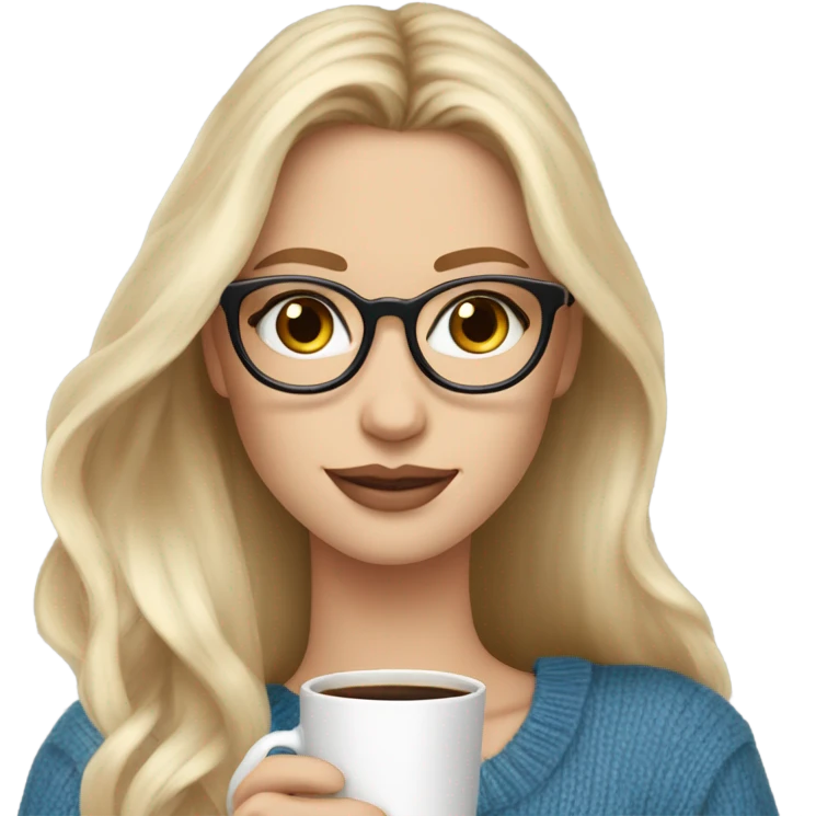 Blonde balayage long hair white women beige sweater blue eyes and small glasses holding coffee emoji