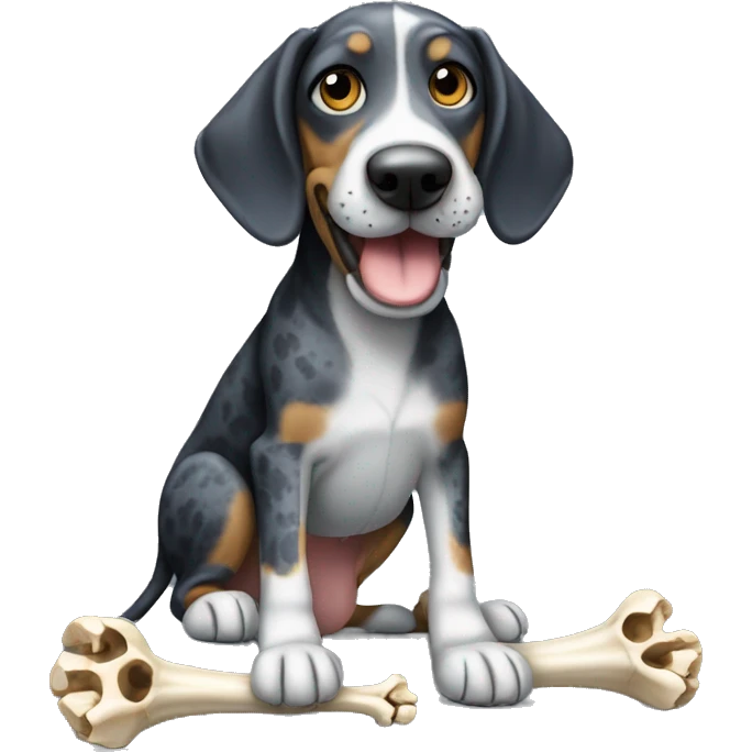Miniature bluetick hound with a bone emoji