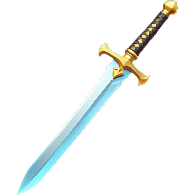 Clash of Clans aesthetic: Cinematic Playful Pixel 3D isometric  Sword Emoji, rendered in a 3D vector-style similar to standard emojis with minimal shading and bold, simplified shapes. A compact, distinct form with signature details, softly glowing with a pixelated adventure charm. Simplified yet unmistakably iconic, highly detailed and consistent, glowing with a soft radiance and high shine. Stylized with a touch of classic pixel-art charm and a soft glowing outline, capturing the essence of a beloved gaming relic with a friendly, playful manner! emoji
