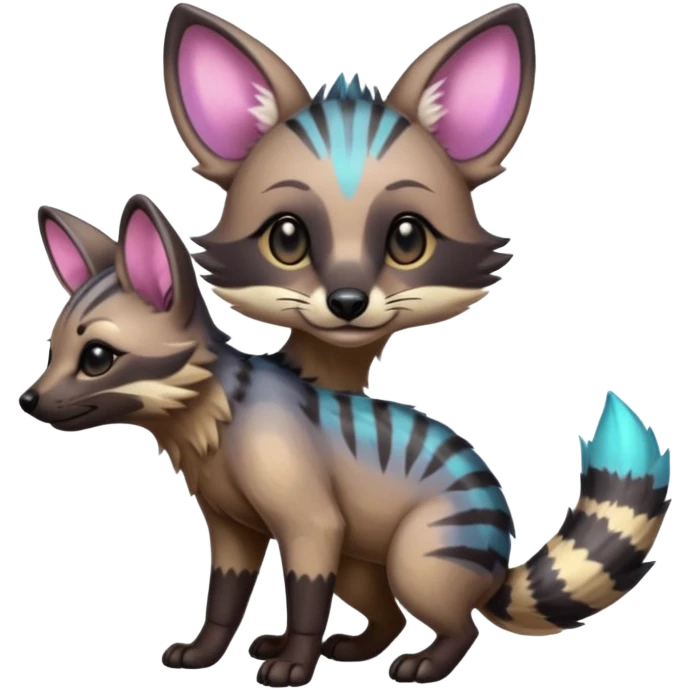 Cute adorable iridescent kawaii Shiny Colorful Dusky Dark Gloomy Glossy Aardwolf-Genet-Bobcat-fusion-animal-hybrid-creature, full body emoji