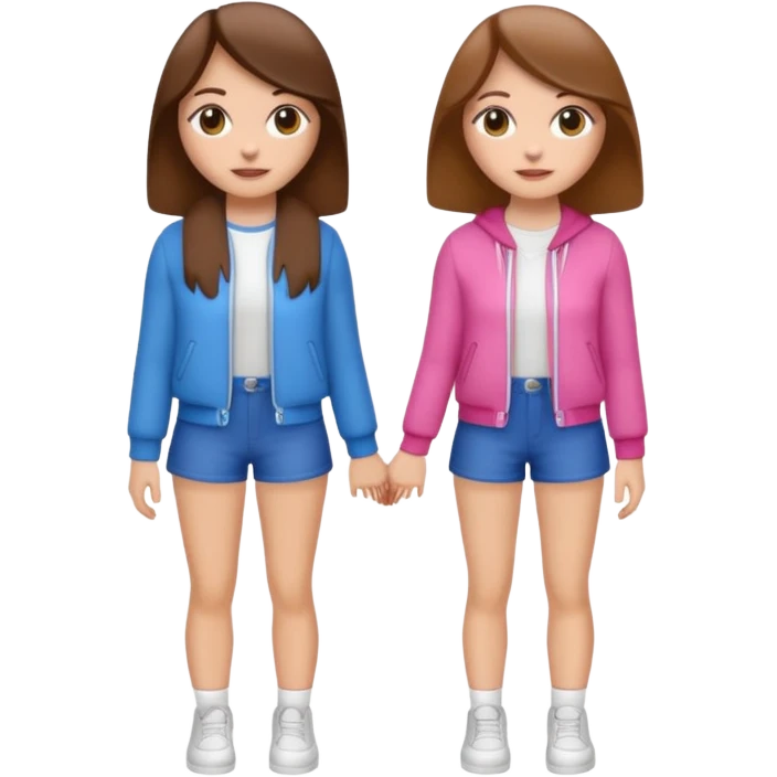 👯‍♀️ generate this emoji, as two white girls, bffs, the same pose but maybe the outfit cuter. we are models. both with brown hair emoji