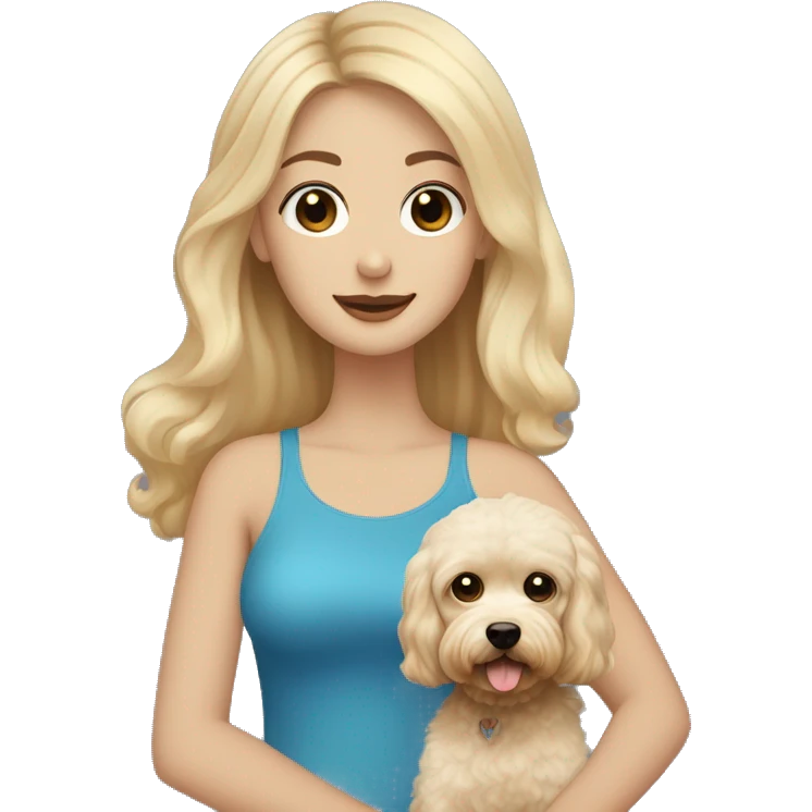 Blonde girl with long hair with blue eyes with the man who has short dark hair and a beard holding a beige maltipoo emoji