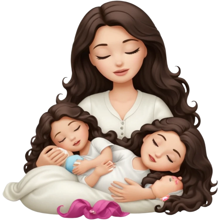 White Barbie girl dark brown long wavy hair in white clothes sleeping with white baby at cream bed emoji