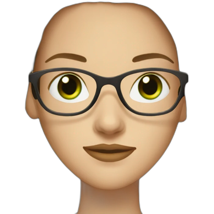 White woman with long dark brown straight hair and green eyes using glasses writing emoji