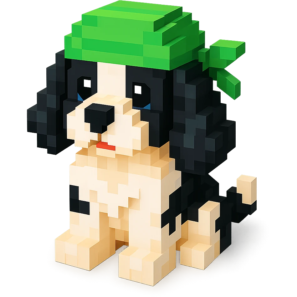 A black and white Russian Cocker Spaniel puppy wearing a green durag, voxel style, sitting emoji