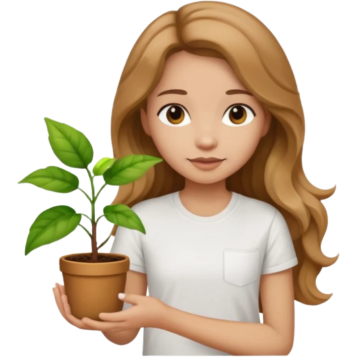 Girl with long light brown wavy hair and white t-shirt with plant on hand emoji