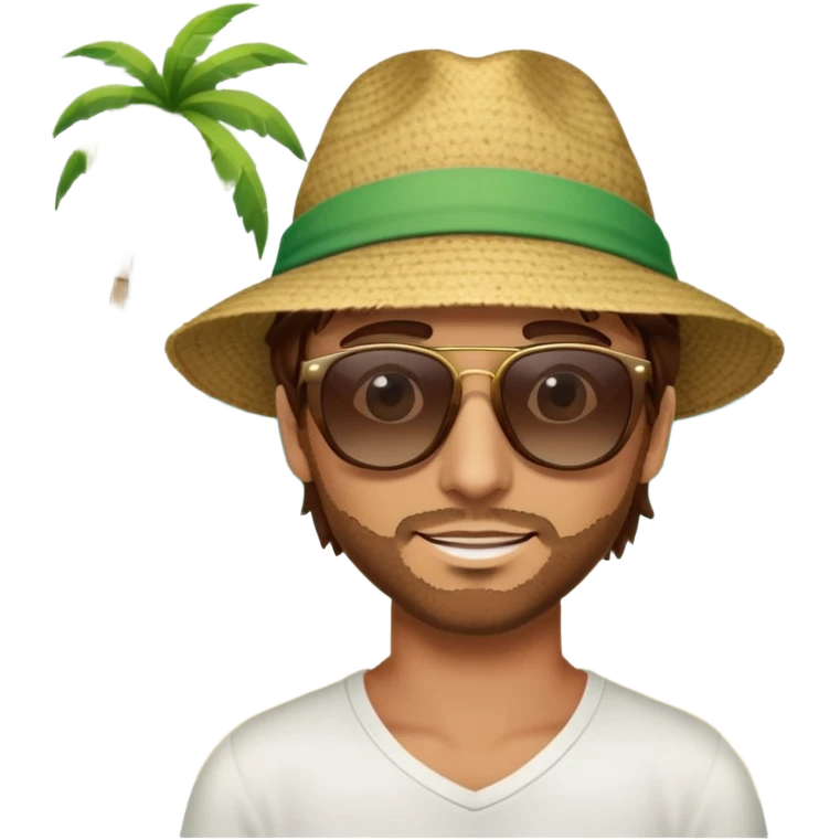 a guy with brown hair green/brown eyes at the beach with music and palm emoji