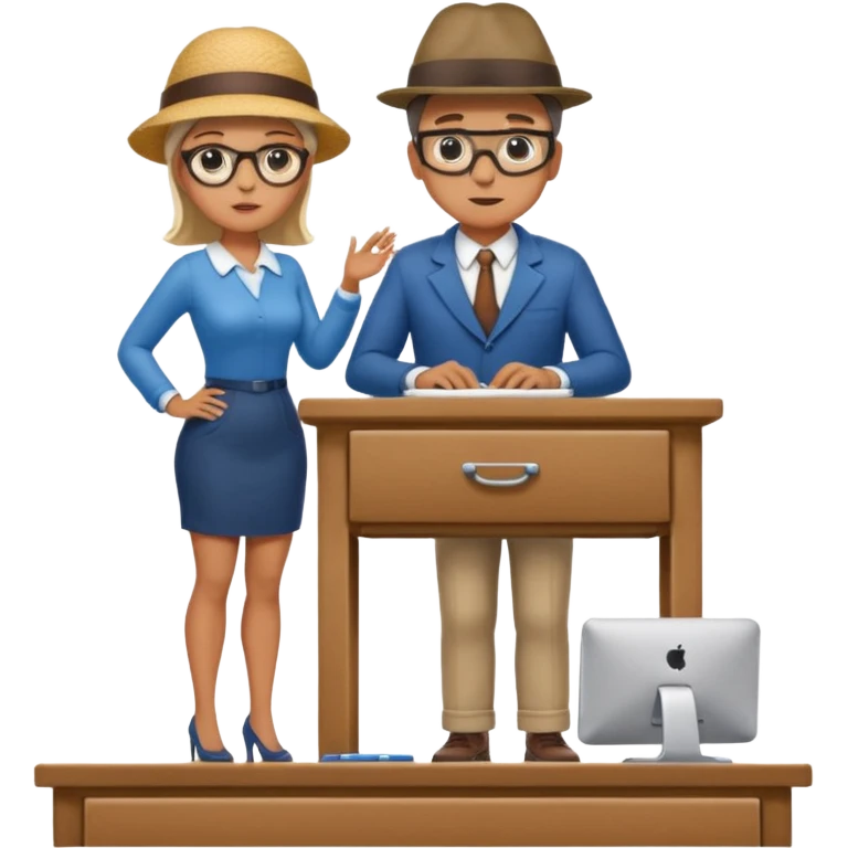 A micro sized man standing on top of a giant woman's desk looking up at her as she works emoji
