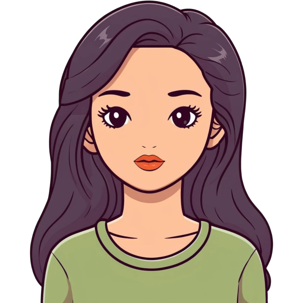 european girl with long black hair, long eyelashes, terracotta lips, light green top emoji