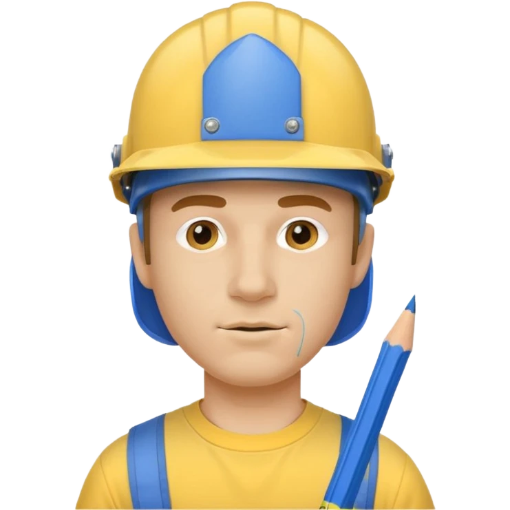 simplified emoji of a man with a blue helmet, a pencil in his nose, and a yellow shirt, no background emoji