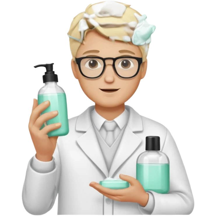 blonde man with white coat and glasses holding skincare products emoji
