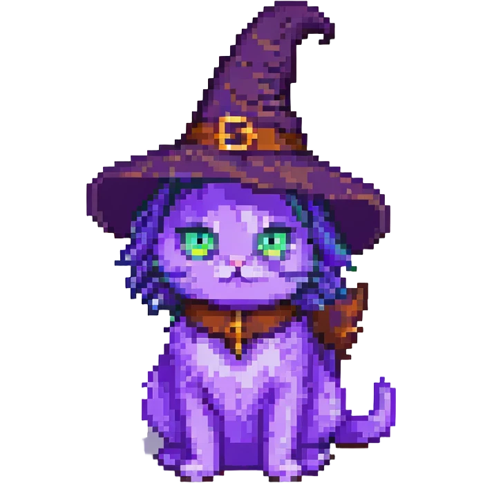 purple witch cat, pixel art style, full body, facing right emoji