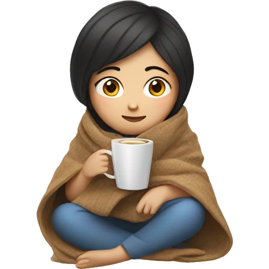 Asian girl wrapped in cozy blanket drinking coffee emoji