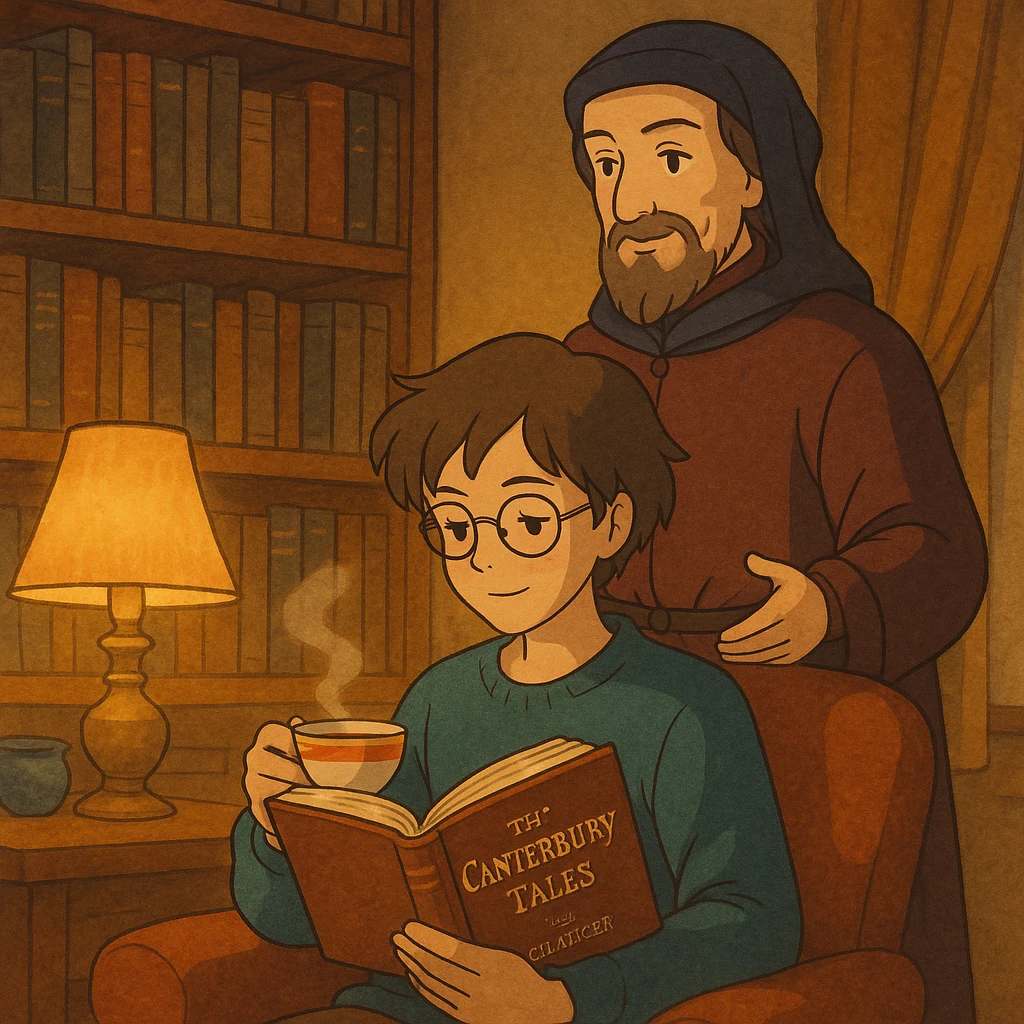 cozy scene of a person reading the Canterbury Tales and drinking tea, Chaucer in medieval attire standing behind, warm lighting emoji