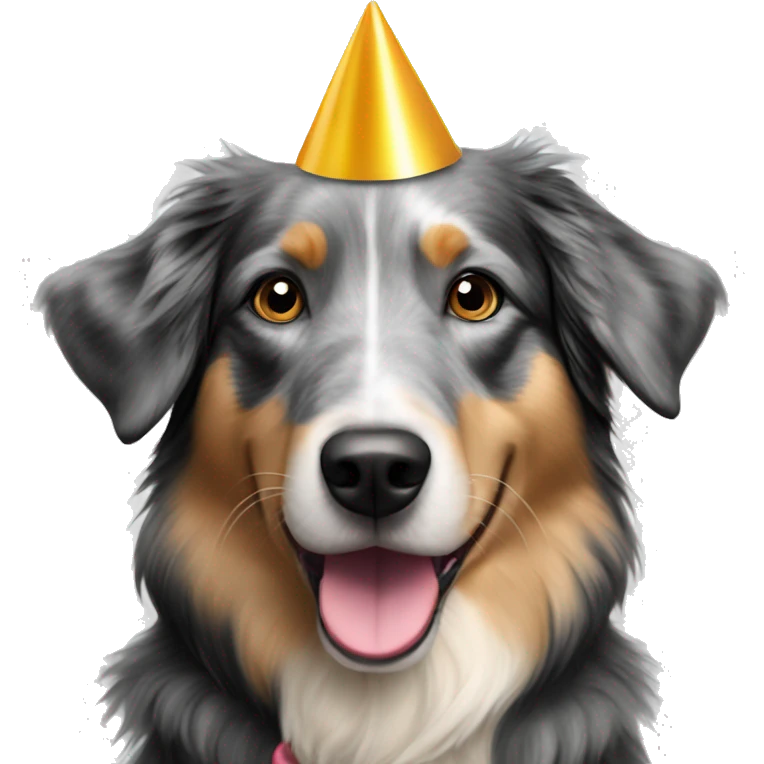 black and grey australian shepherd golden retriever mix with a party hat on emoji