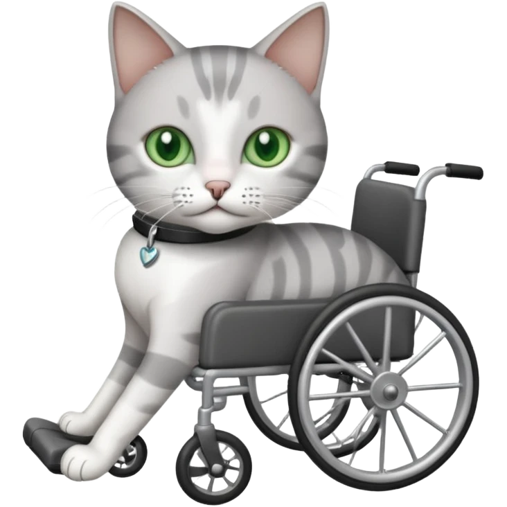 grey and white cat in a wheelchair designed for cats to walk emoji