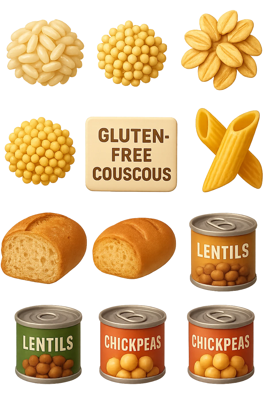 emoji stile iphone 3d di questi elementi che fluttuano in aria:

Riso, quinoa, avena, miglio, couscous senza glutine
Pasta e pane gluten-free
Farro a lievitazione lunga
Lenticchie e ceci in scatola

 che fluttuano in aria, iperealistico 4k emoji