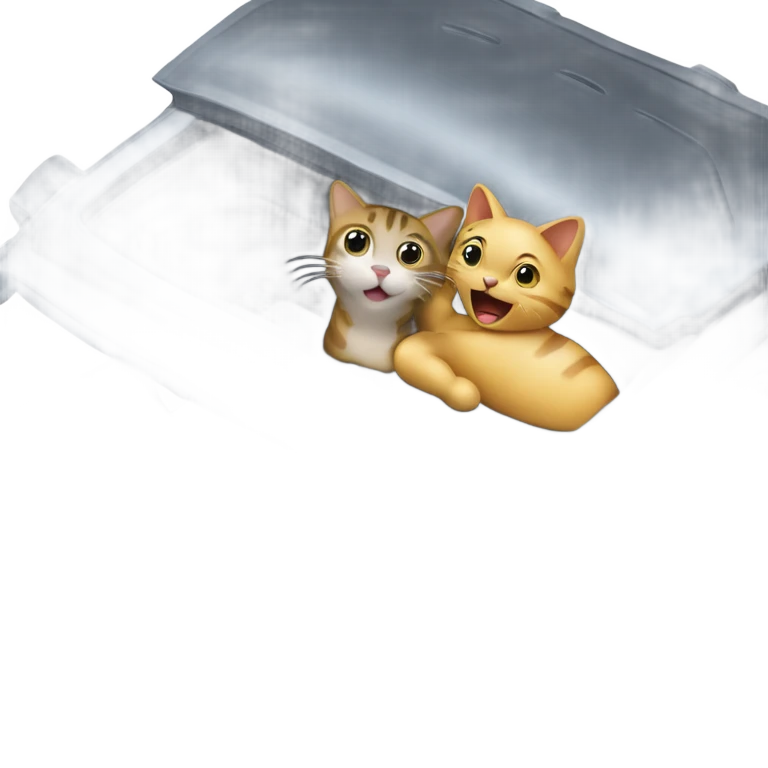 A cartoon emoji-style car with a curious cat peeking out from the open hood of the engine compartment. emoji