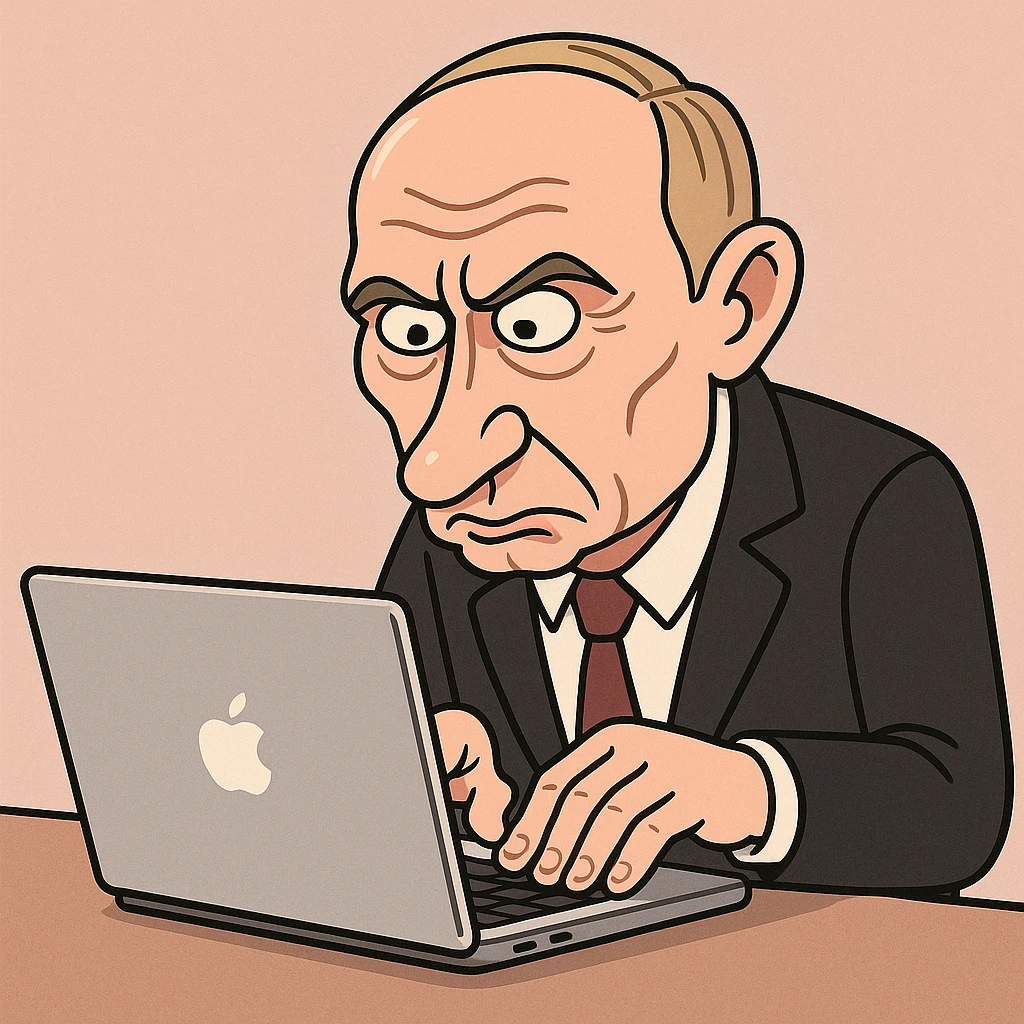 Vladimir Putin typing on a MacBook with exaggerated features emoji