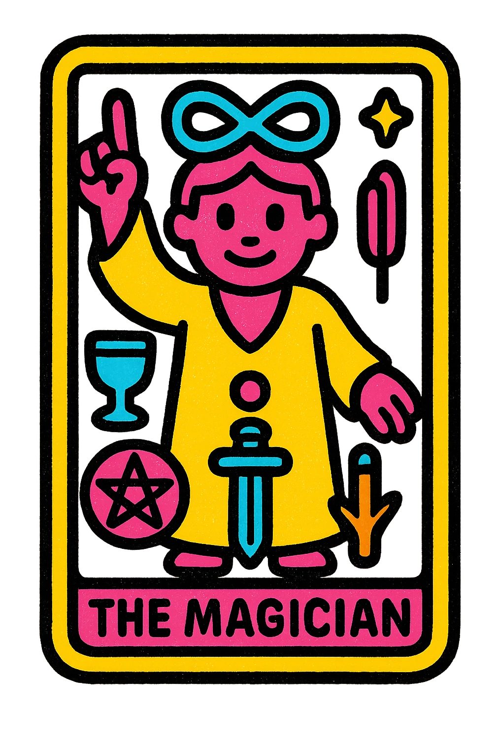 The Magician tarot card emoji, figure with one hand pointing up and one down, surrounded by symbols of the four suits, vibrant detailed style emoji
