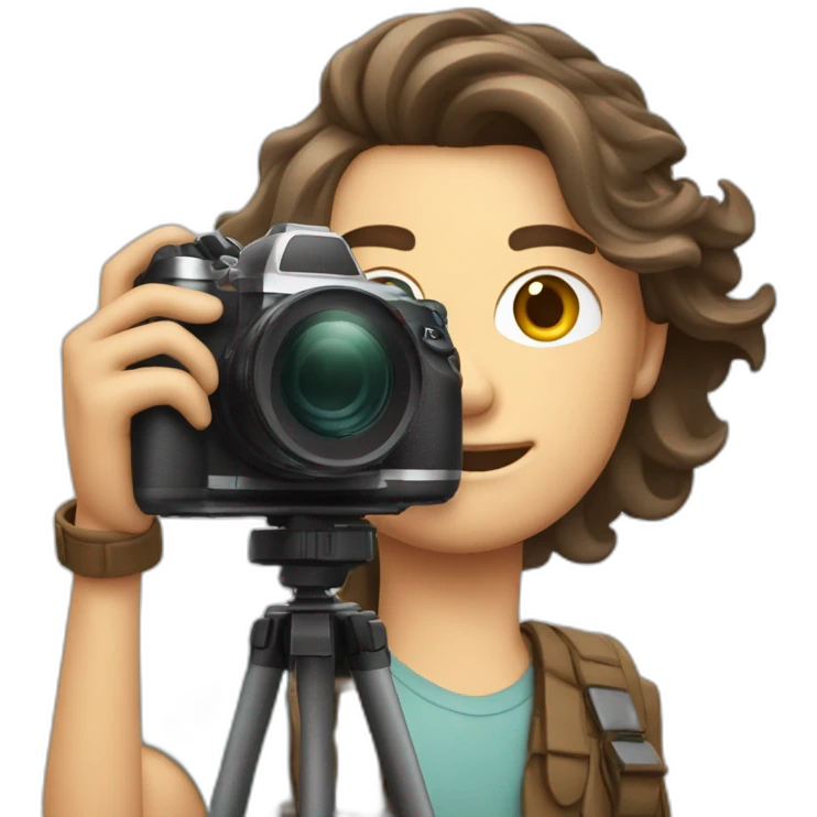 Male Photographer shaved Caucasian wavy hair brunette holding camera emoji