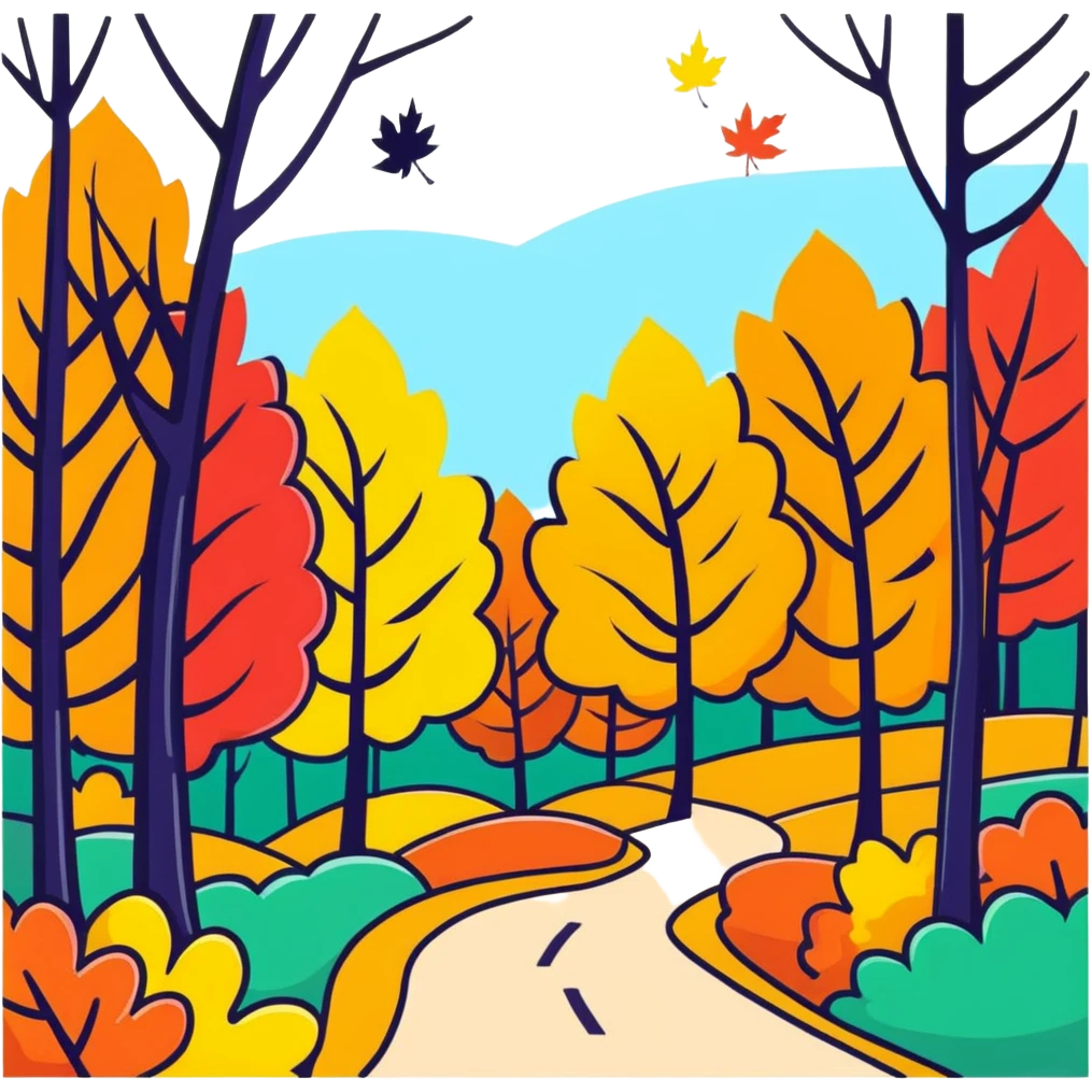 autumn forest with vibrant, multicolored leaves, trees, and a path emoji