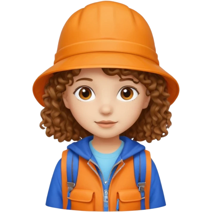 A little girl student curly brown hair, with beige bucket hat, orange jacket, blue backpack emoji