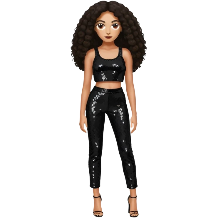 Solange with long dark brown hair, black sequin crop top, black sequin pants emoji