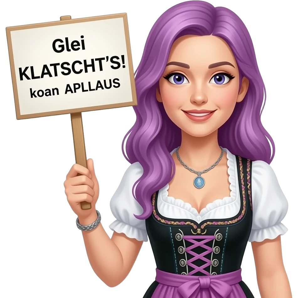 girl with long purple hair wearing a dirndl holding a Glei KLATSCHT'S! Und zwar koan APLLAUS sign emoji