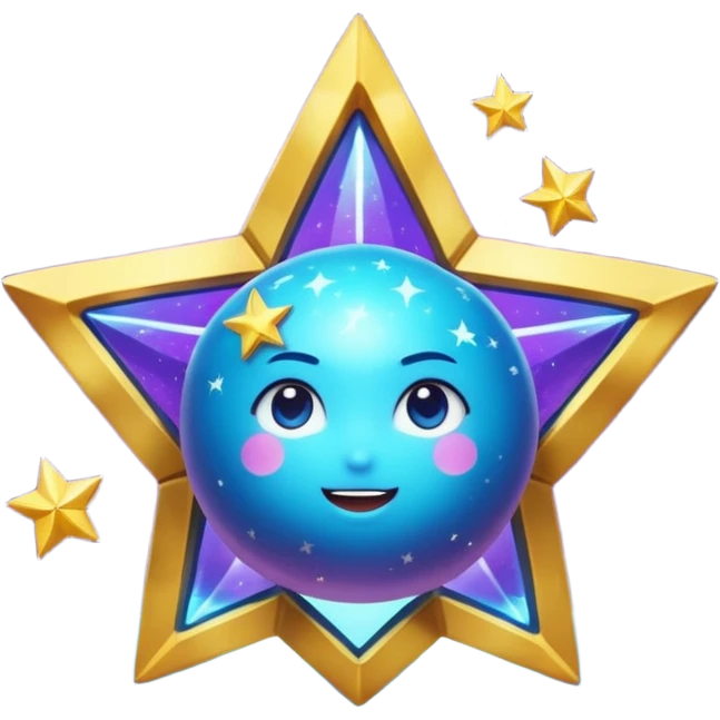 Uma esfera translúcida com reflexos roxos e azuis envolve uma estrela dourada brilhante no centro, criando um visual etéreo e futurista emoji
