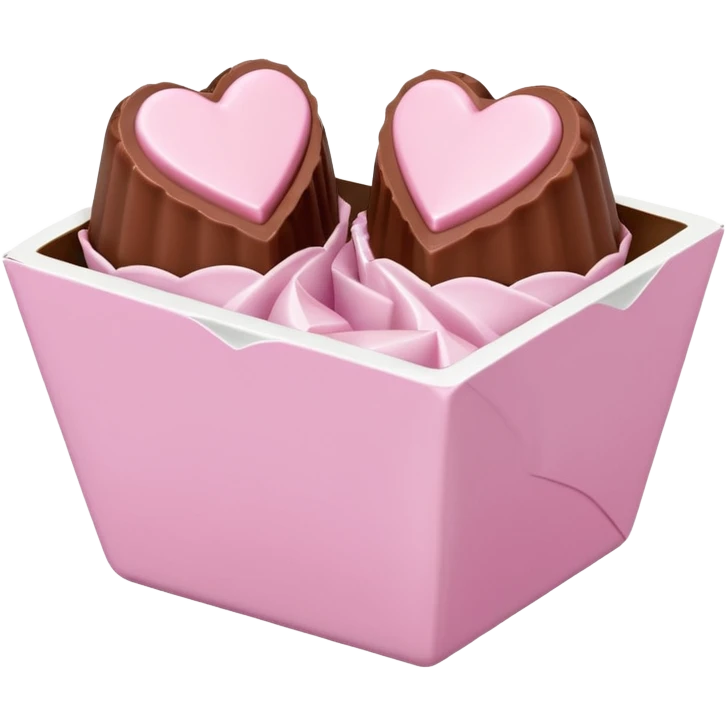 Two sharp-edged square milk chocolate pralines placed diagonally, each in a white fluted paper candy cup, with smooth glossy coating.
Flat thin pastel pink heart icing centered on top with subtle sugar crystal sparkle, clean studio lighting, pure white background, realistic minimal emoji-styleใ emoji
