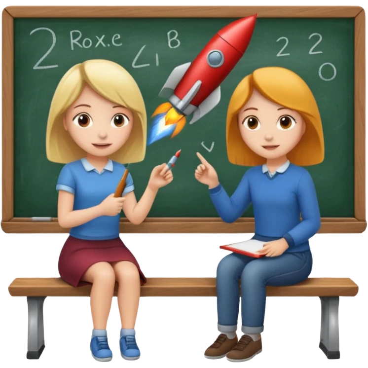 Girl is teaching a guy how to make rocket emojis. Girl at blackboard, guy on bench learning. emoji