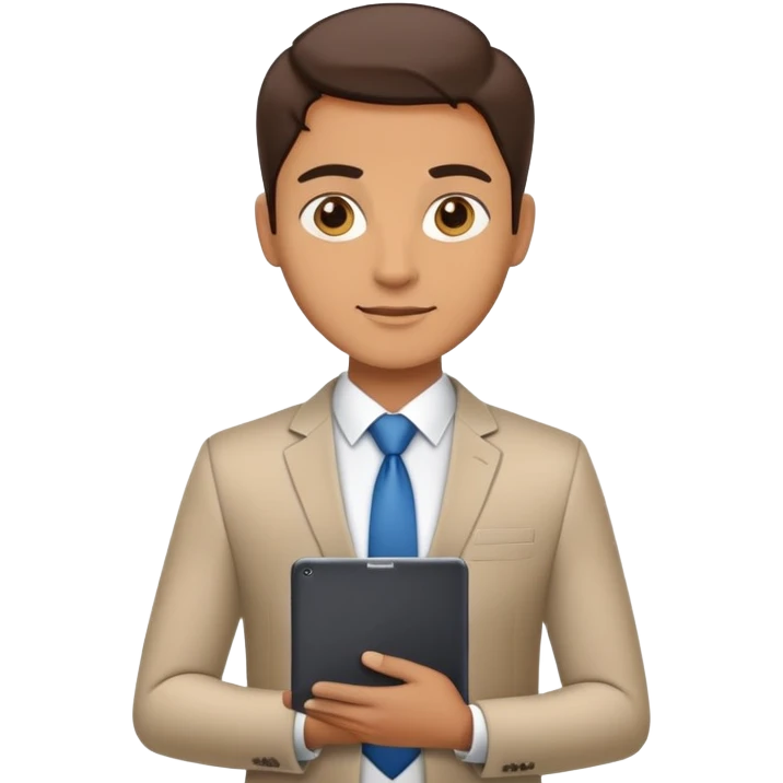 business executive confidently, holding a digital tablet or folder. The character wears smart business attire emoji