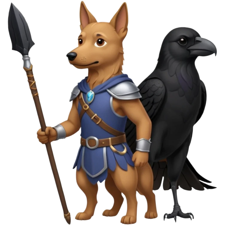 dog odin has spear. he has raven on his shoulder. dynamic pose emoji